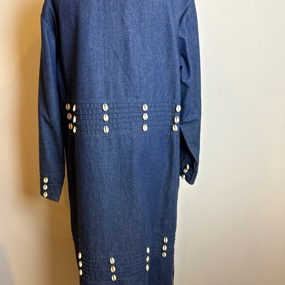 Molato African Denim Coat Jacket Duster Small Vintage 90s Gold Print